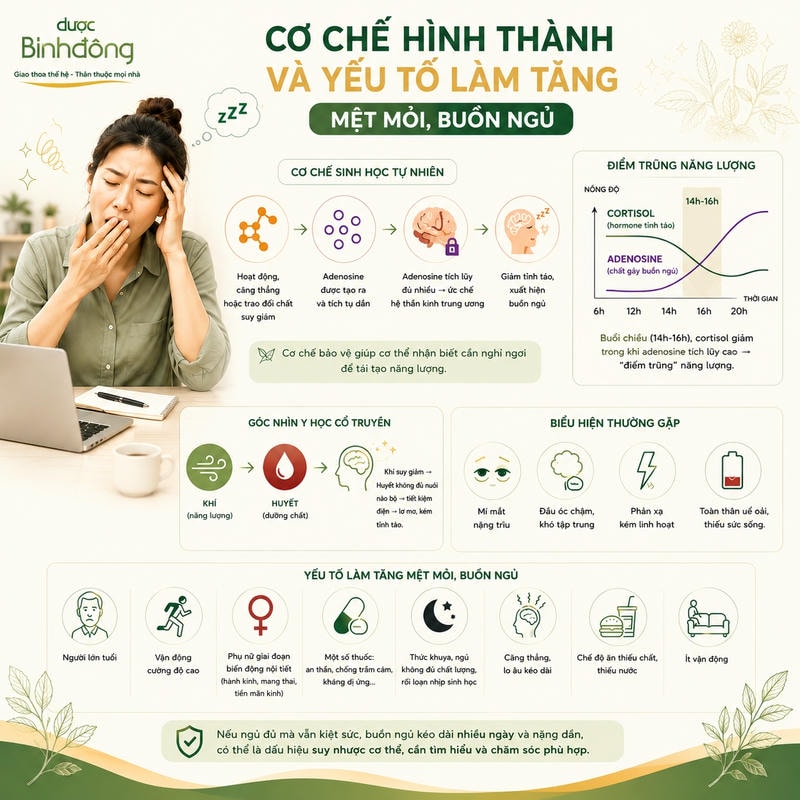 Infographic mệt mỏi buồn ngủ minh họa cơ chế adenosine, điểm trũng năng lượng và các yếu tố thường gặp.