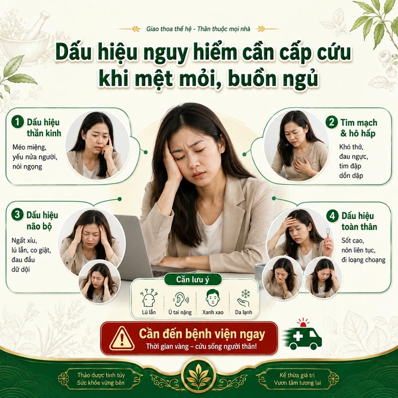 Infographic bốn nhóm dấu hiệu cấp cứu khi mệt mỏi, buồn ngủ: thần kinh, tim mạch – hô hấp, não bộ và toàn thân.
