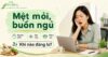 Người phụ nữ ngáp khi làm việc trước laptop, cạnh tiêu đề “Mệt mỏi, buồn ngủ”. Bên dưới có Nguyên nhân, Dấu hiệu, Chăm sóc và “Khi nào đáng lo?”.