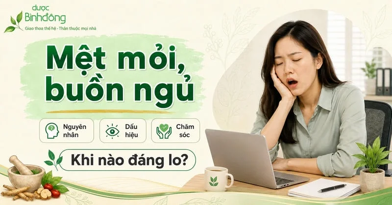 Người phụ nữ ngáp khi làm việc trước laptop, cạnh tiêu đề “Mệt mỏi, buồn ngủ”. Bên dưới có Nguyên nhân, Dấu hiệu, Chăm sóc và “Khi nào đáng lo?”.