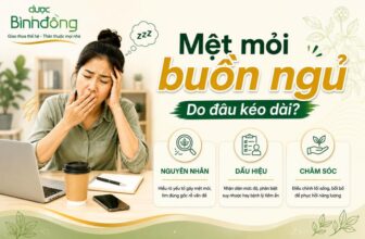 Thumbnail mệt mỏi buồn ngủ với người phụ nữ uể oải và ba nhóm thông tin: nguyên nhân, dấu hiệu, chăm sóc.