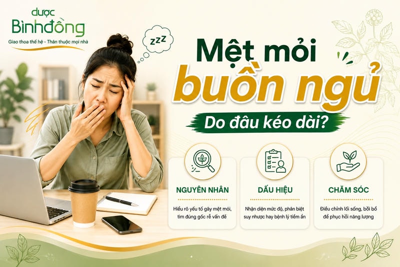 Thumbnail mệt mỏi buồn ngủ với người phụ nữ uể oải và ba nhóm thông tin: nguyên nhân, dấu hiệu, chăm sóc.