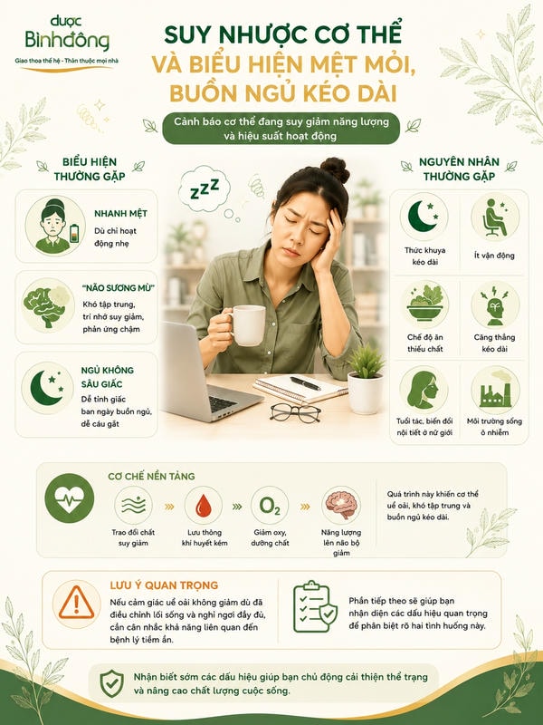 Infographic suy nhược cơ thể với các biểu hiện mệt nhanh, não sương mù, ngủ không sâu cùng những yếu tố liên quan