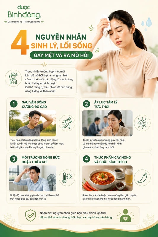 Infographic tổng hợp 4 yếu tố thường gây mệt và ra mồ hôi: vận động mạnh, căng thẳng, nóng bí và chất kích thích.