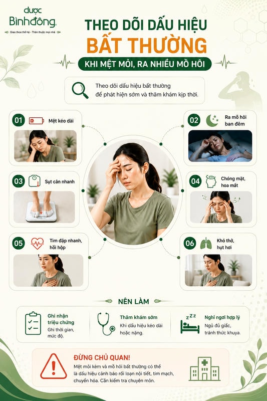 Infographic tổng hợp 6 dấu hiệu bất thường khi mệt mỏi, ra nhiều mồ hôi và các bước nên làm.