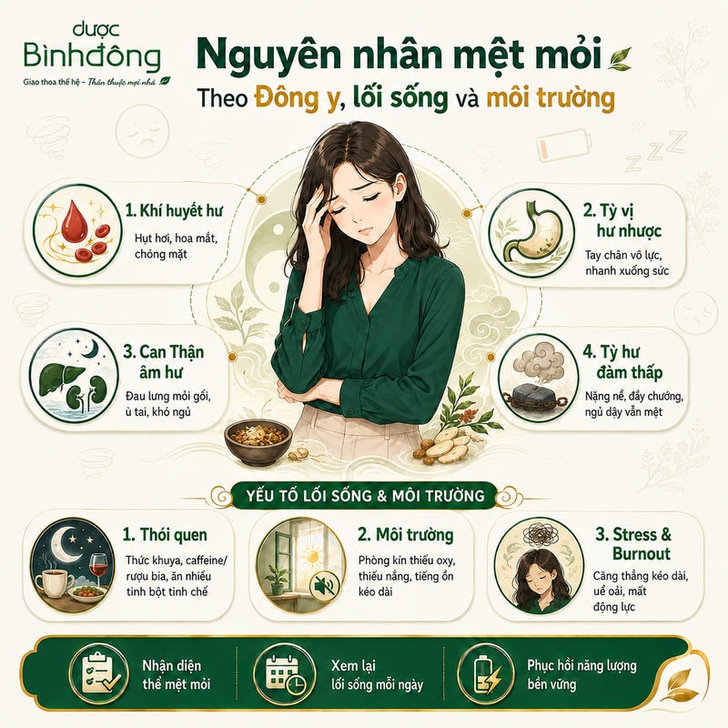 Nguyên nhân mệt mỏi gồm bốn thể theo Đông y và ba nhóm yếu tố lối sống, môi trường.