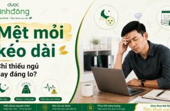 Thumbnail mệt mỏi kéo dài: người mệt mỏi bên laptop, biểu tượng thiếu ngủ, stress và dấu hiệu sức khỏe.