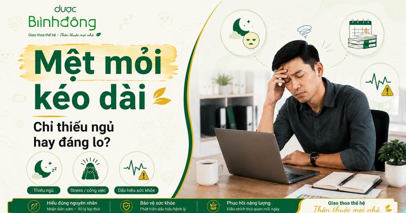 Thumbnail mệt mỏi kéo dài: người mệt mỏi bên laptop, biểu tượng thiếu ngủ, stress và dấu hiệu sức khỏe.