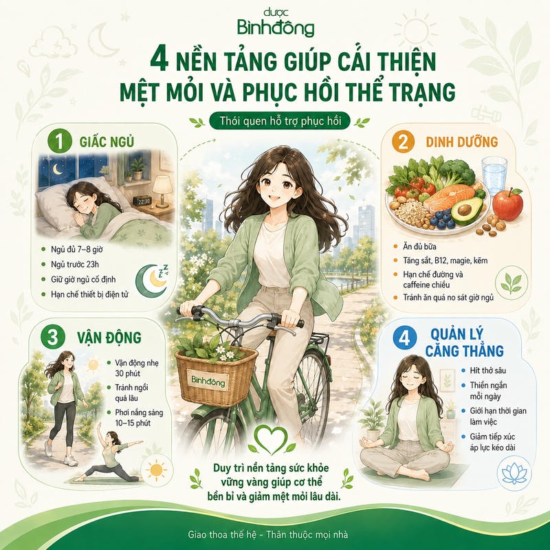 Infographic bốn nền tảng phục hồi thể trạng gồm giấc ngủ, dinh dưỡng, vận động và quản lý căng thẳng.