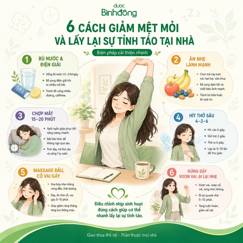 Sơ đồ sáu cách giảm mệt mỏi tại nhà gồm bù nước, ăn nhẹ, chợp mắt, hít thở, massage và đi lại.