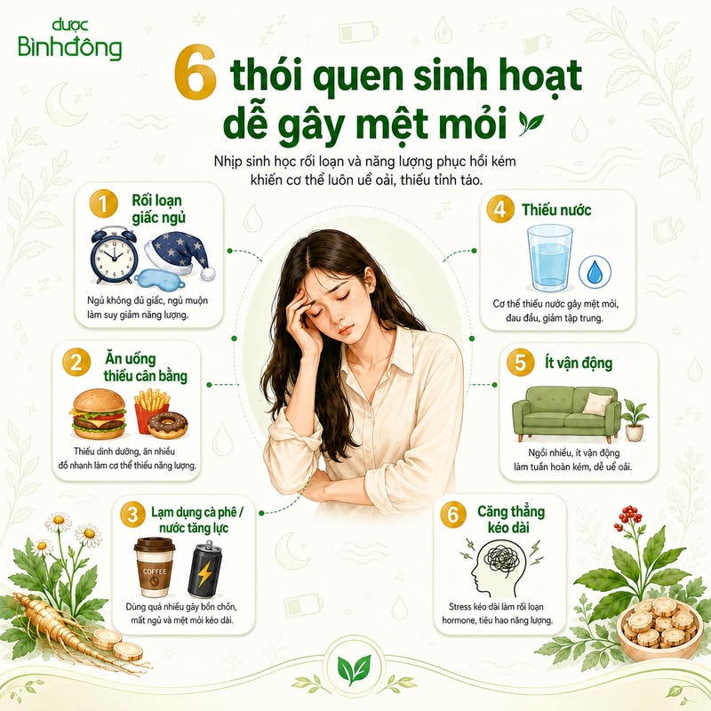 Sáu thói quen gây mệt mỏi: ngủ kém, dinh dưỡng kém, caffeine, mất nước, ít vận động và căng thẳng.