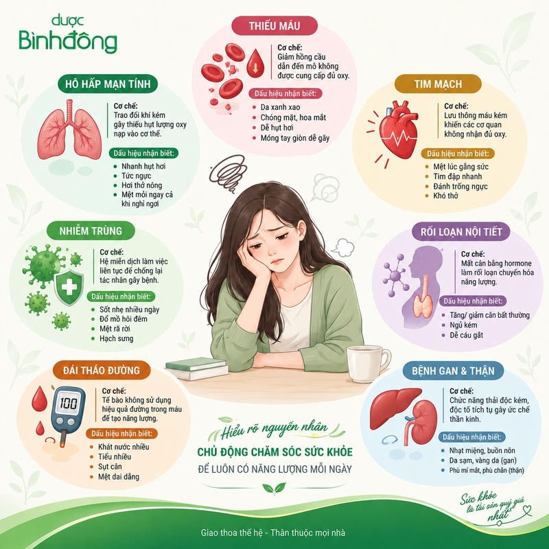 Infographic bảy nhóm bệnh lý tiềm ẩn liên quan mệt mỏi, kèm cơ chế và dấu hiệu nhận biết.