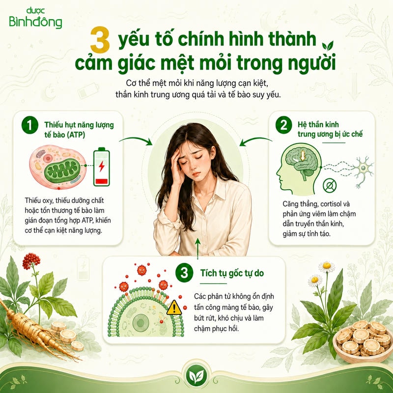 Sơ đồ ba yếu tố gây mệt mỏi: thiếu ATP, ức chế thần kinh và tích tụ gốc tự do.