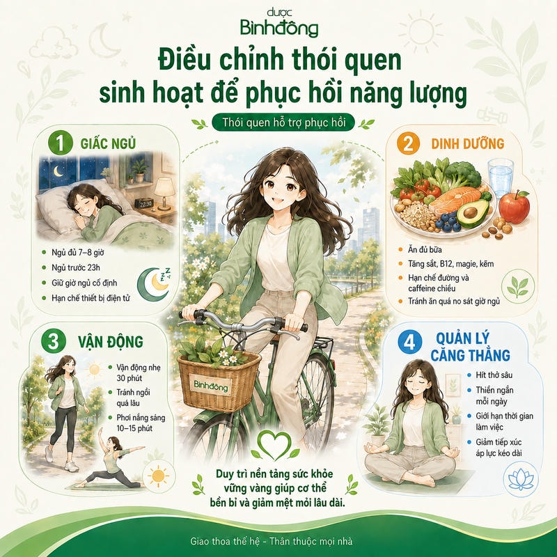 Infographic bốn nhóm thói quen phục hồi năng lượng gồm giấc ngủ, dinh dưỡng, vận động và quản lý căng thẳng.