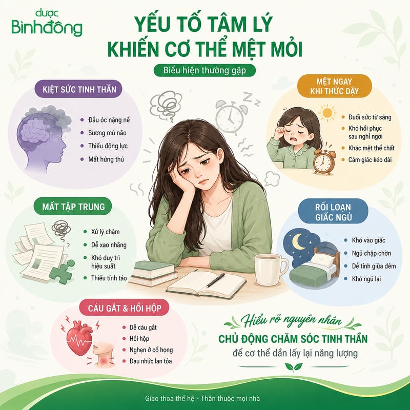 Sơ đồ yếu tố tâm lý gây mệt mỏi gồm kiệt sức tinh thần, mất tập trung, rối loạn giấc ngủ và hồi hộp.