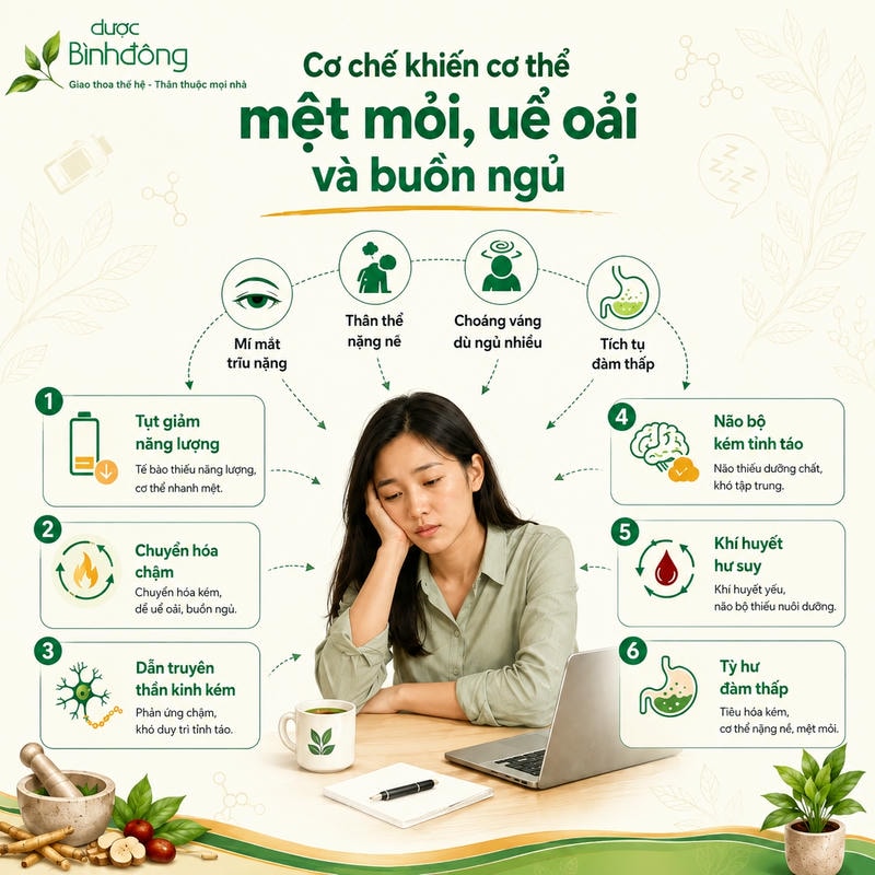 Sơ đồ sáu cơ chế liên quan mệt mỏi, uể oải và buồn ngủ từ năng lượng đến khí huyết.