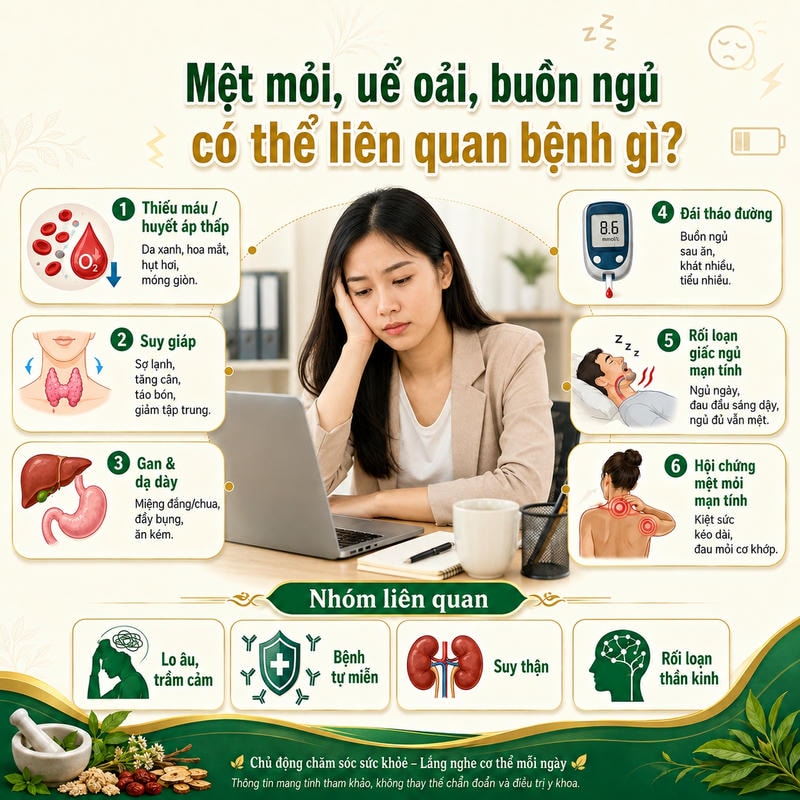 Infographic các nhóm bệnh lý có thể liên quan mệt mỏi, uể oải, buồn ngủ, gồm thiếu máu, suy giáp, đái tháo đường và rối loạn giấc ngủ.