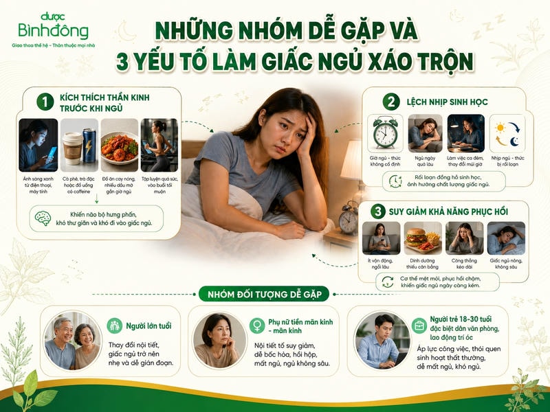 Infographic minh họa 3 yếu tố làm giấc ngủ xáo trộn và 3 nhóm đối tượng dễ gặp tình trạng mệt nhưng khó ngủ.