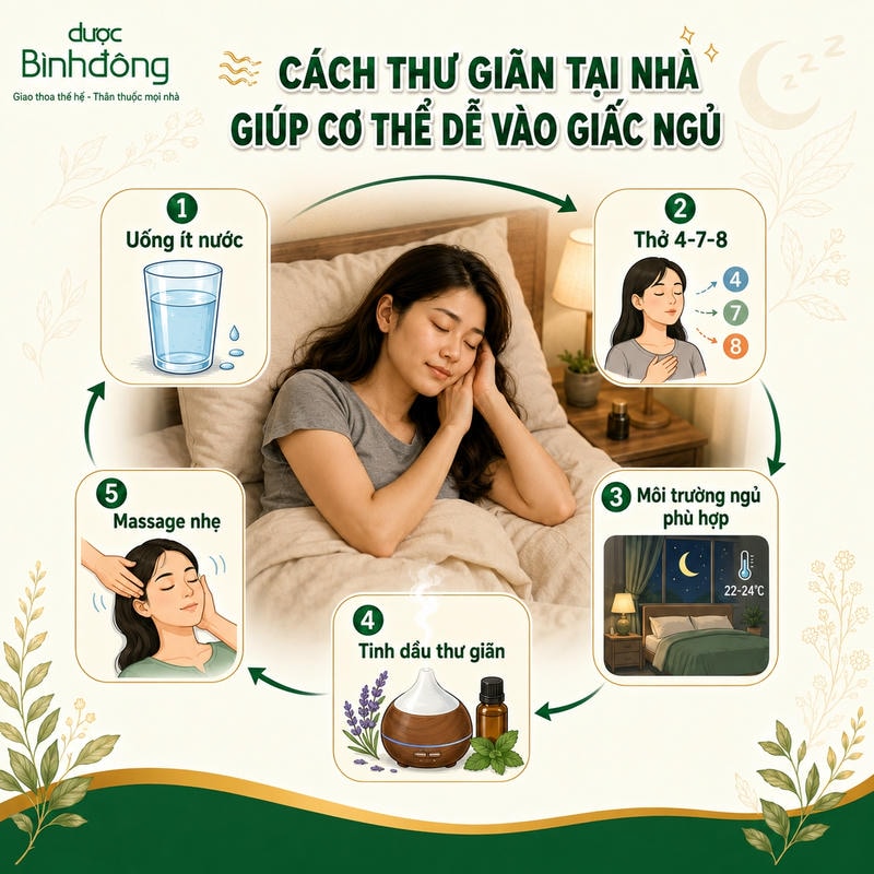 Infographic minh họa 5 cách thư giãn: uống nước, thở 4-7-8, chỉnh môi trường ngủ, dùng tinh dầu và massage.