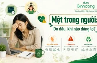 Thumbnail mệt trong người minh họa ba nhóm thông tin: nguyên nhân, dấu hiệu cảnh báo và cách chăm sóc.