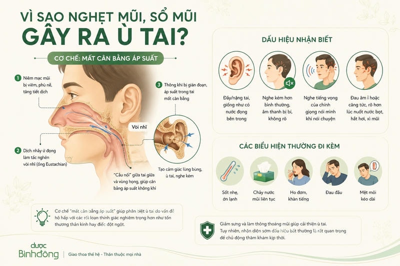 Sơ đồ cho thấy nghẹt mũi làm tắc vòi nhĩ, gây mất cân bằng áp suất và ù tai.
