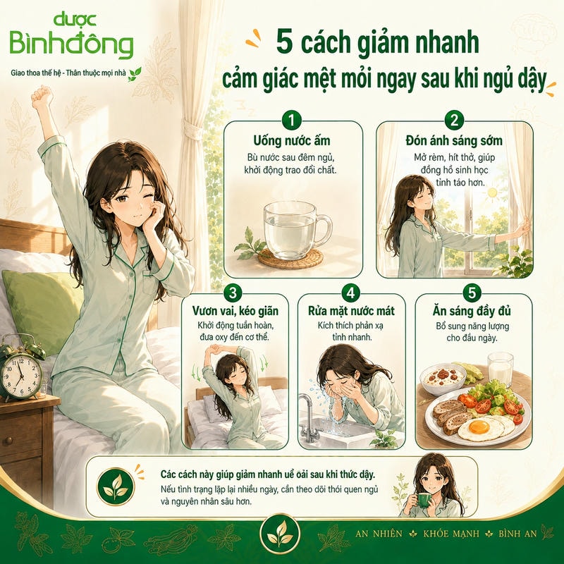 Infographic 5 cách giảm mệt mỏi sau khi ngủ dậy, gồm uống nước ấm, đón ánh sáng sớm, kéo giãn, rửa mặt và ăn sáng
