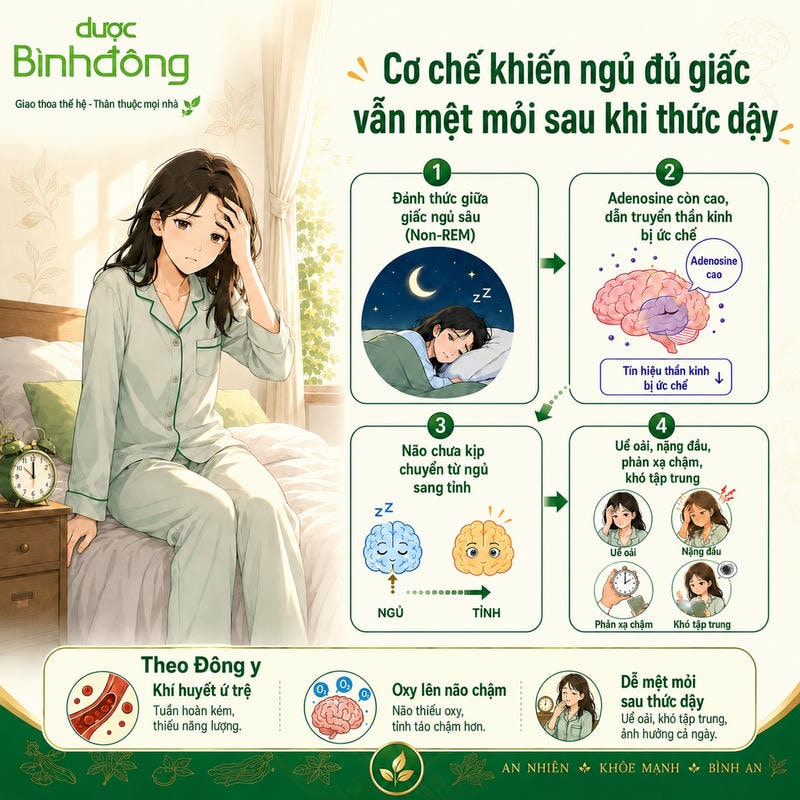 Sơ đồ cơ chế cho thấy thức giấc giữa ngủ sâu khiến não chuyển sang trạng thái tỉnh chậm hơn.