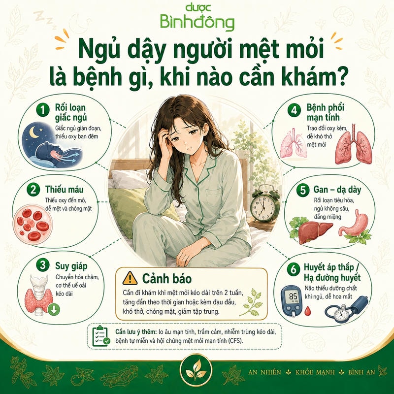 Infographic các bệnh lý có thể gây mệt mỏi sau khi ngủ dậy kéo dài, kèm dấu hiệu cần đi khám.