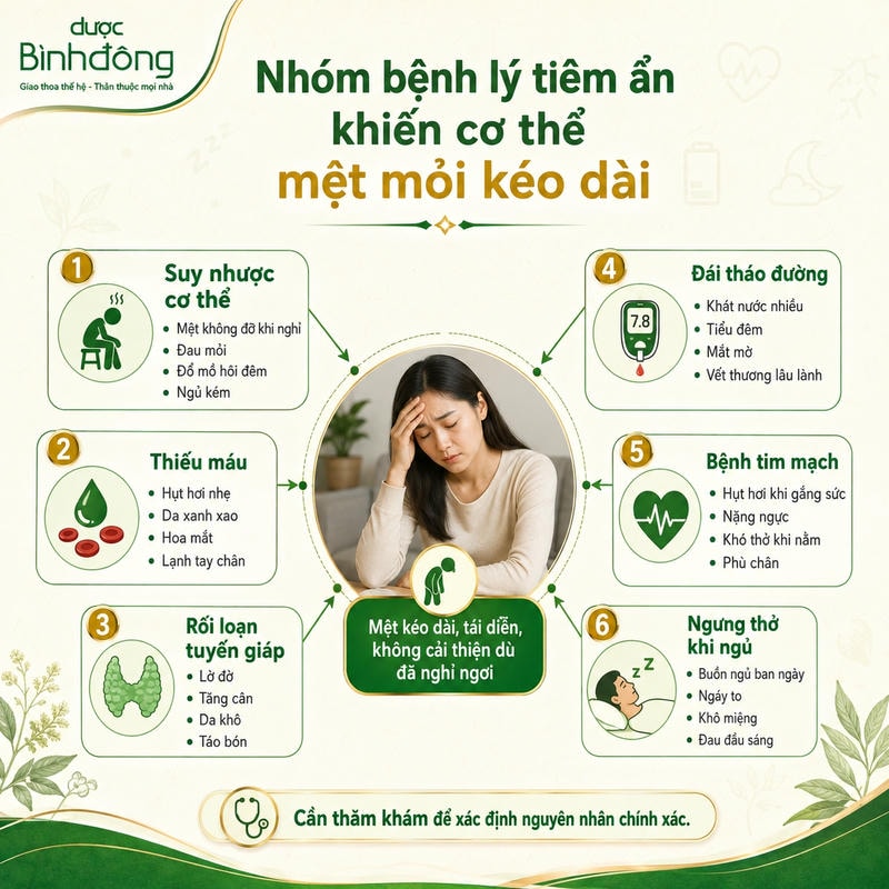 Sơ đồ các nhóm bệnh lý tiềm ẩn gây mệt mỏi kéo dài, gồm sáu nhóm dấu hiệu bao quanh người mệt mỏi.