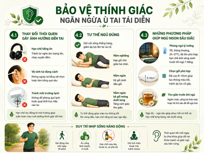 hướng dẫn bảo vệ thính giác, ngủ đúng tư thế và duy trì thói quen giúp hạn chế ù tai tái diễn.