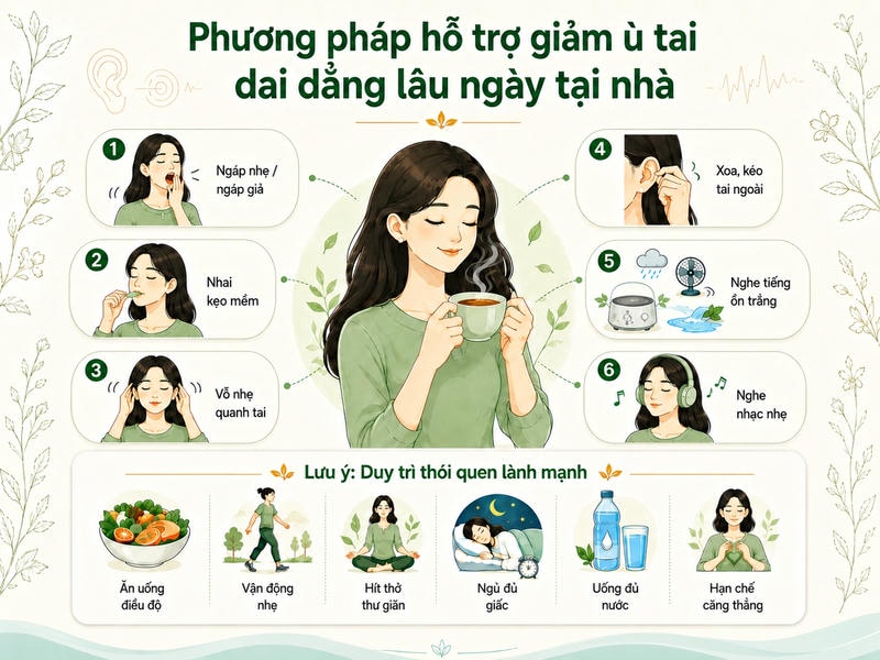 Infographic giảm ù tai dai dẳng tại nhà gồm sáu thao tác và nhóm thói quen lành mạnh.