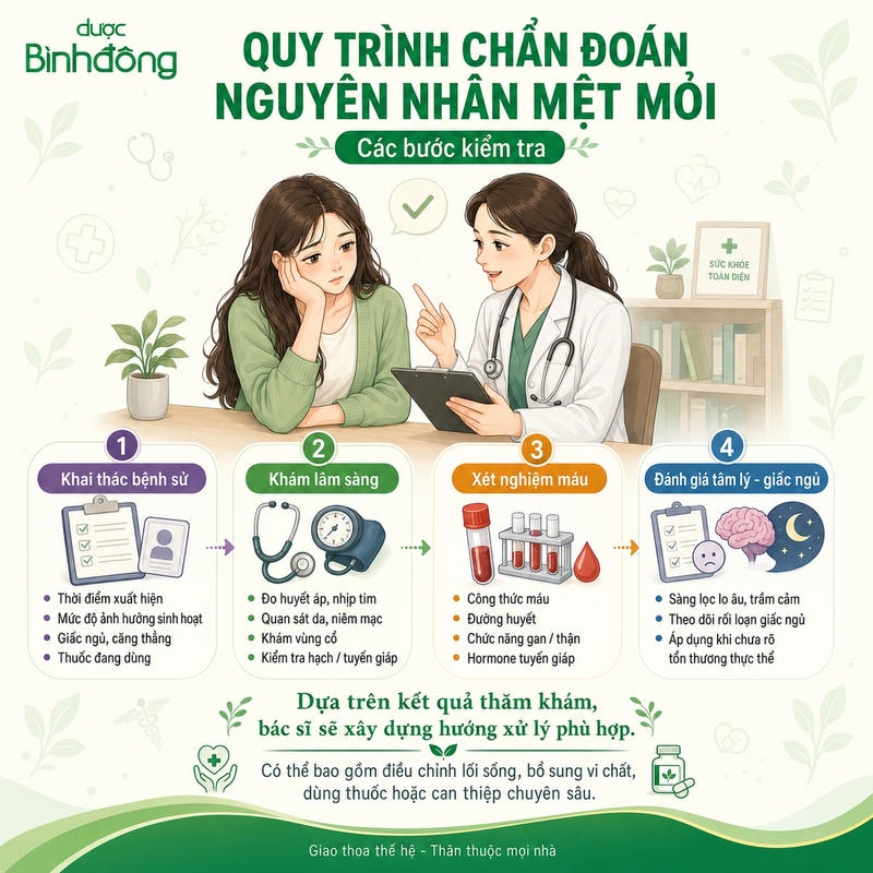 Sơ đồ quy trình chẩn đoán mệt mỏi gồm bốn bước: khai thác bệnh sử, khám lâm sàng, xét nghiệm máu và đánh giá tâm lý - giấc ngủ.