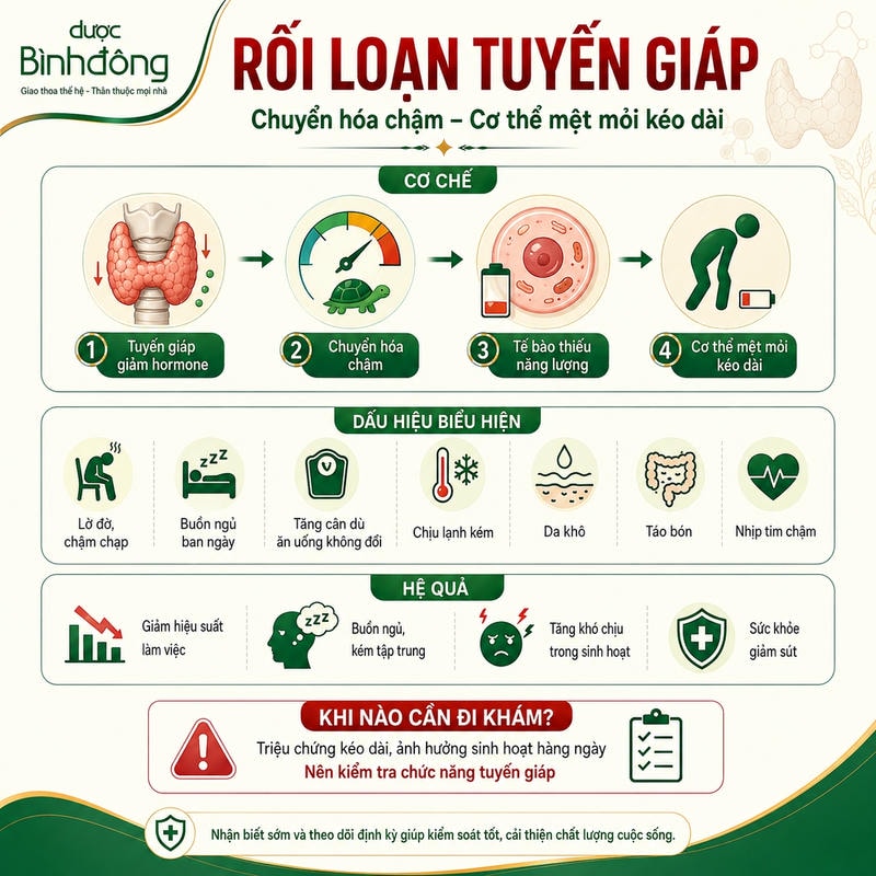 Sơ đồ rối loạn tuyến giáp cho thấy giảm hormone làm chậm chuyển hóa, thiếu năng lượng và mệt mỏi kéo dài.