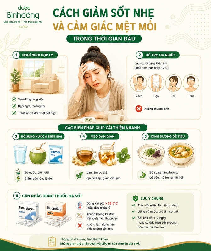 Infographic hướng dẫn nghỉ ngơi, lau ấm, bổ sung nước, dinh dưỡng và cân nhắc thuốc khi sốt nhẹ