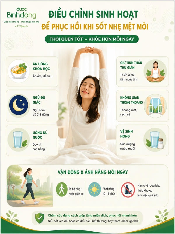 Infographic hướng dẫn ăn uống, ngủ đủ, uống nước, thư giãn, vận động nhẹ và giữ không gian thông thoáng.