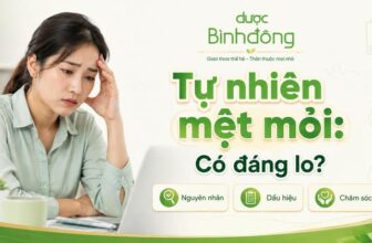 Thumbnail về tự nhiên mệt mỏi, minh họa người uể oải cùng ba nội dung: nguyên nhân, dấu hiệu, chăm sóc.