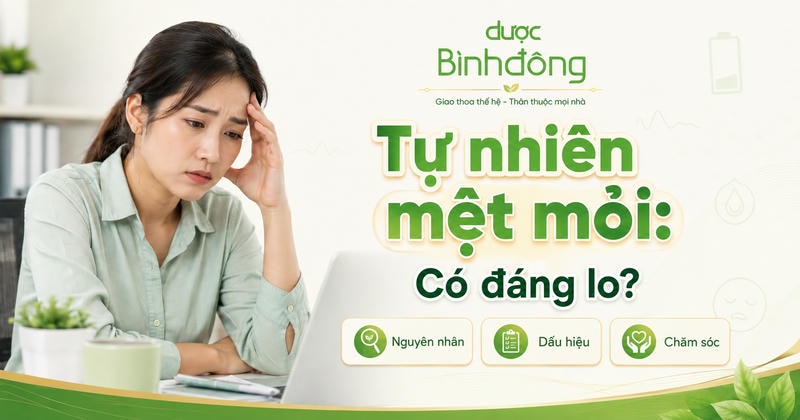 Thumbnail về tự nhiên mệt mỏi, minh họa người uể oải cùng ba nội dung: nguyên nhân, dấu hiệu, chăm sóc.