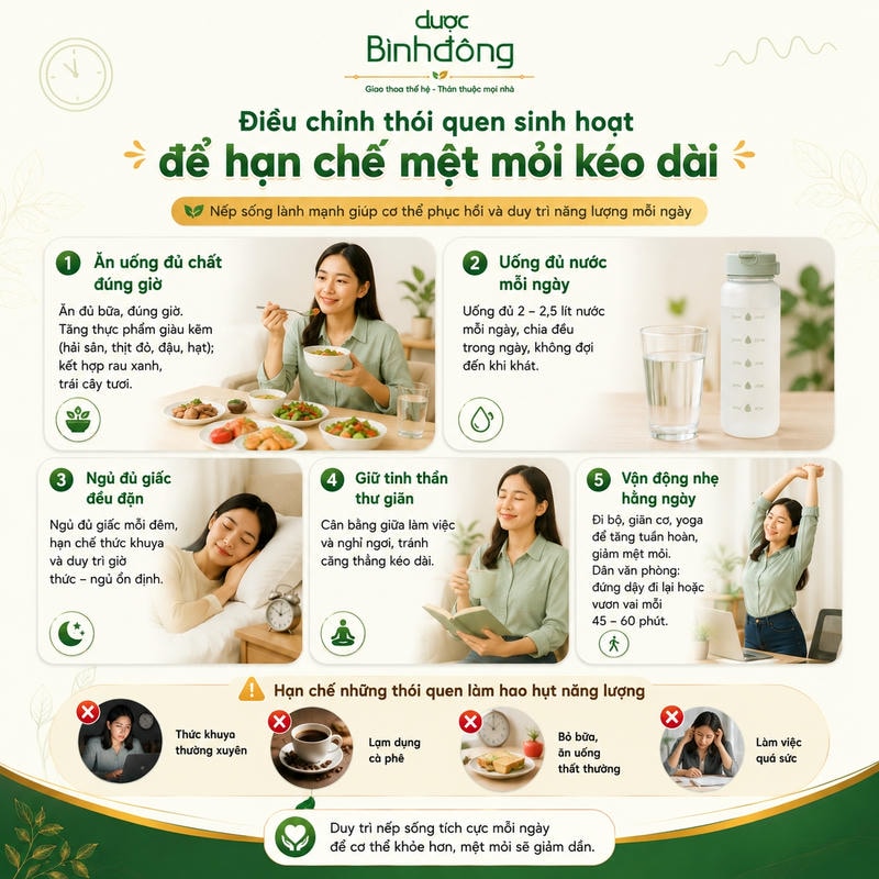 Infographic 5 thói quen hỗ trợ hạn chế mệt mỏi kéo dài, kèm 4 thói quen làm hao hụt năng lượng cần hạn chế.