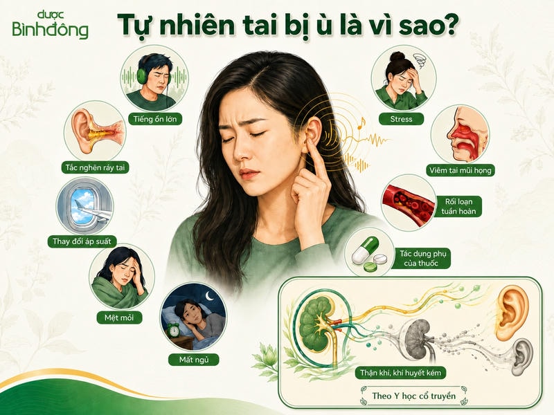 Người phụ nữ bị ù tai, xung quanh là các nguyên nhân như tiếng ồn, stress, mất ngủ, tắc ráy tai, viêm tai mũi họng, rối loạn tuần hoàn và tác dụng phụ của thuốc.