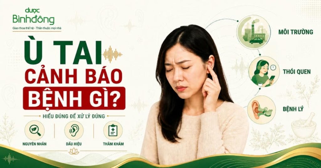 Thumbnail về ù tai với phụ nữ ôm tai, ba nhóm tác nhân môi trường, thói quen và bệnh lý.