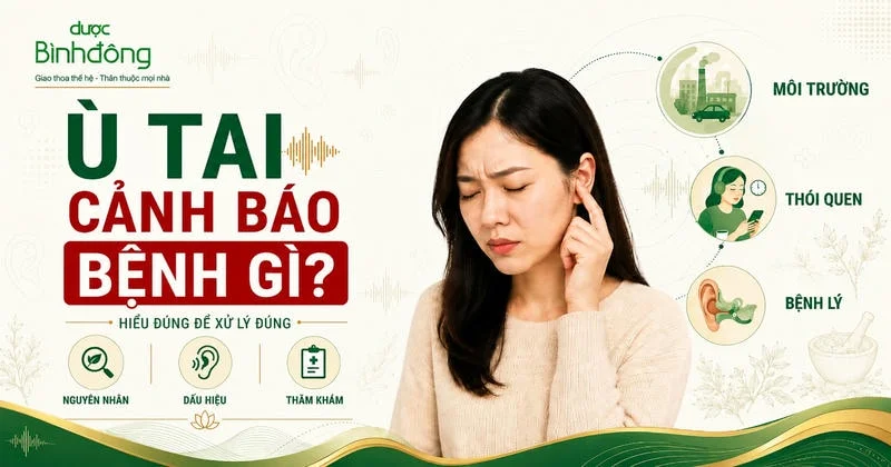 Thumbnail về ù tai với phụ nữ ôm tai, ba nhóm tác nhân môi trường, thói quen và bệnh lý.
