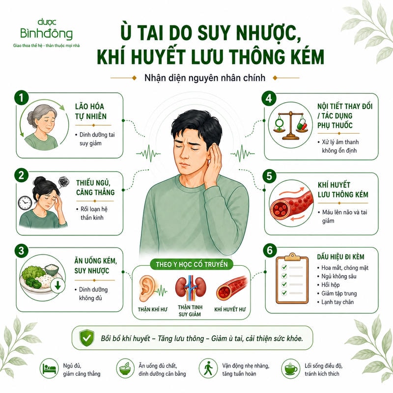 ù tai có thể liên quan suy nhược, khí huyết lưu thông kém và các dấu hiệu đi kèm thường gặp.