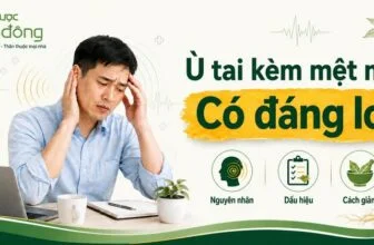 Người đàn ông ôm tai và thái dương, bên cạnh tiêu đề “Ù tai kèm mệt mỏi – Có đáng lo?”