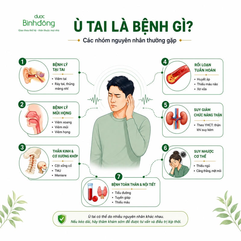 bảy nhóm nguyên nhân gây ù tai, từ bệnh tại tai đến rối loạn toàn thân.