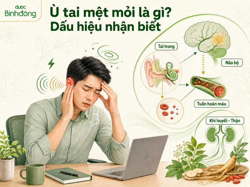 Sơ đồ ù tai mệt mỏi thể hiện triệu chứng và liên hệ giữa tai trong, não, tuần hoàn và thận
