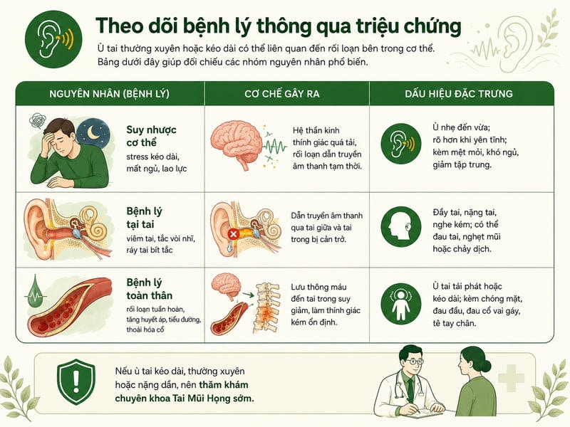 Infographic đối chiếu ba nhóm nguyên nhân gây ù tai: suy nhược cơ thể, bệnh tại tai và bệnh lý toàn thân.
