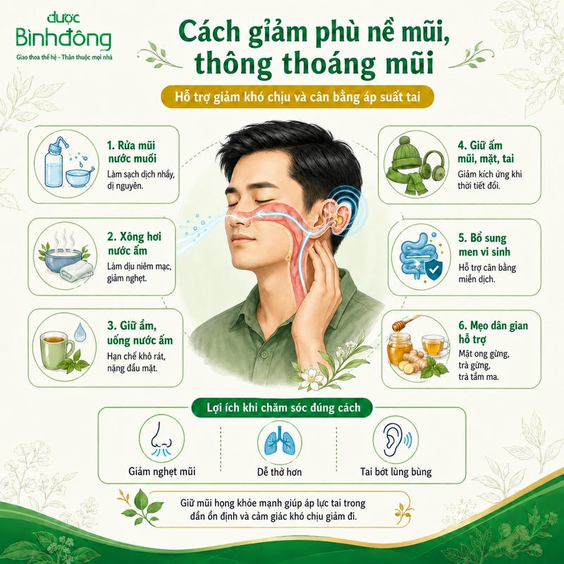 Infographic sáu cách hỗ trợ thông thoáng mũi: rửa mũi, xông ấm, giữ ấm, men vi sinh, mẹo dân gian.