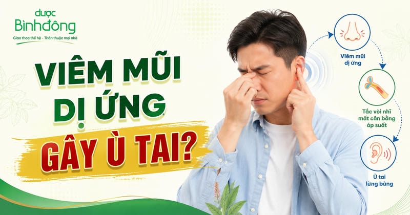 Thumbnail viêm mũi dị ứng gây ù tai với người nghẹt mũi và sơ đồ tắc vòi nhĩ.