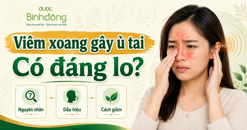 Thumbnail “Viêm xoang gây ù tai – Có đáng lo?” với phụ nữ chạm mũi, tai và ba mục thông tin.