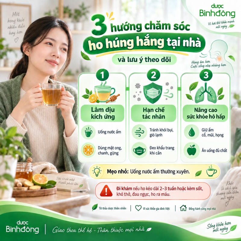Infographic về 3 hướng chăm sóc ho húng hắng tại nhà, gồm làm dịu kích ứng, hạn chế tác nhân và nâng cao sức khỏe hô hấp.